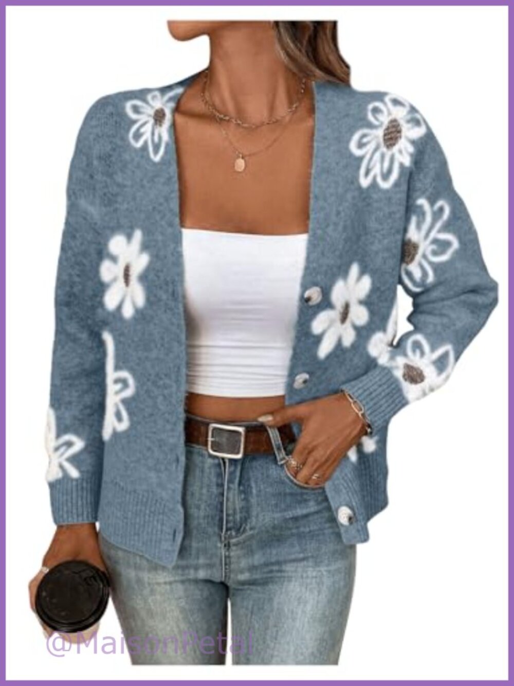 Floral Button Down Cardigan Long Sleeve V Neck Knit Sweater